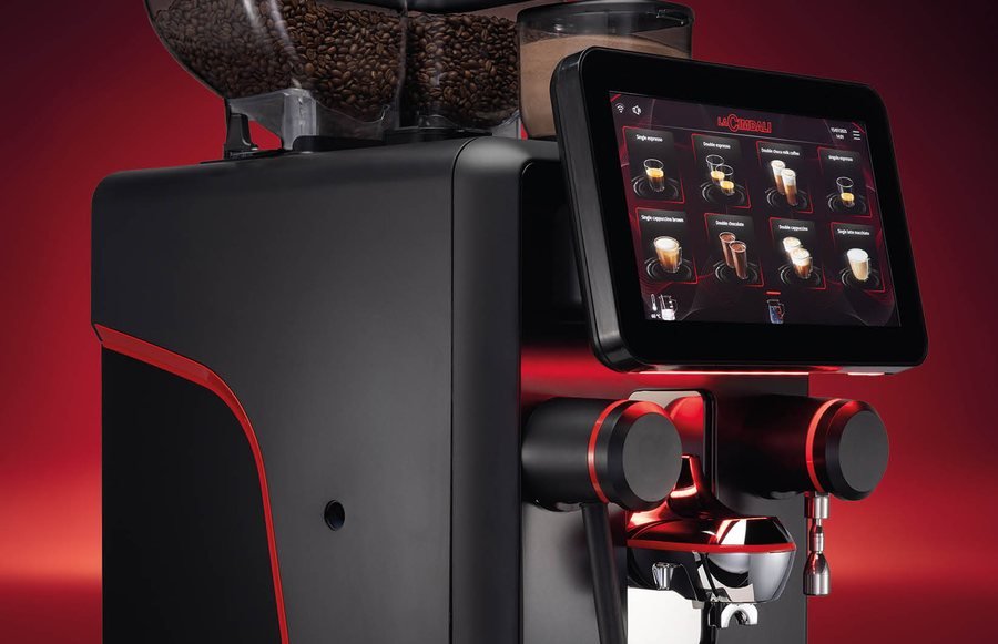 Side profile of La Cimbali Supera with red light line and touchscreen